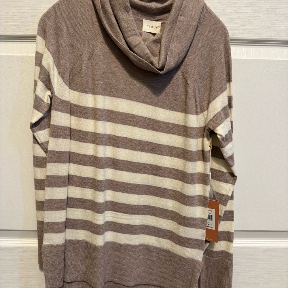 Cyrus Women's Cowl Neck Sweater - Taupe and Cream Stripes